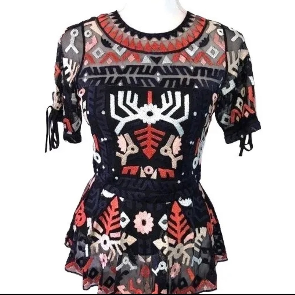 Parker SMALL blouse Embroidery Peplum exposed zipper top